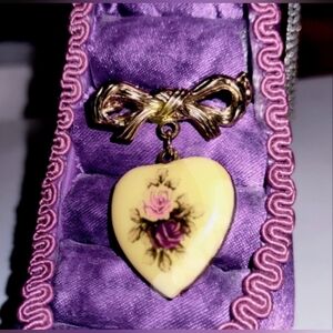 Classic Heart Locket Dangling on Gold Bow Brooch